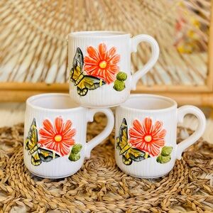 Set of 3 Vintage Retro Ceramic Butterfly and Flower Mugs 70s Hippie MCM